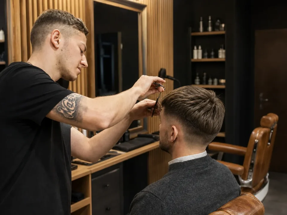 Barbero cortando el pelo a tijera en SportMan, Granada.
